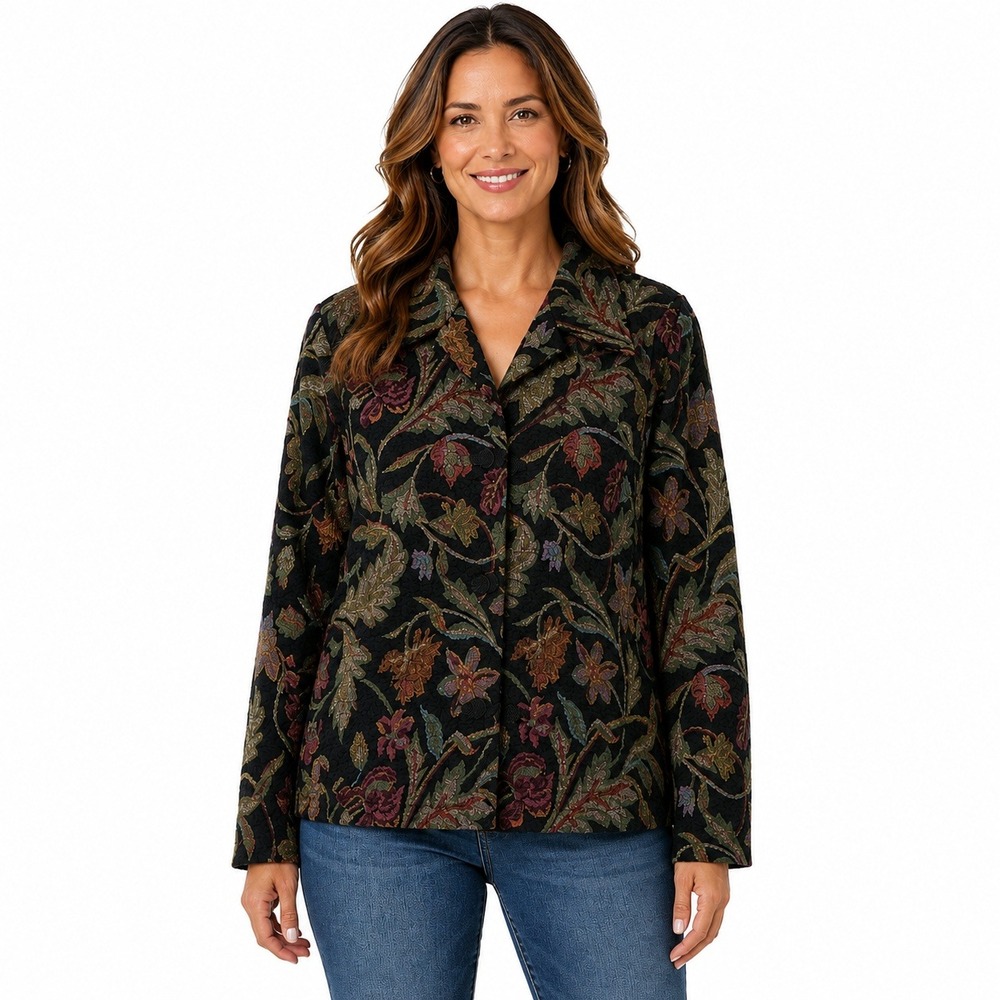 First Option Tapestry Jacket Women Medium Black Floral Frog Button Art To Wear